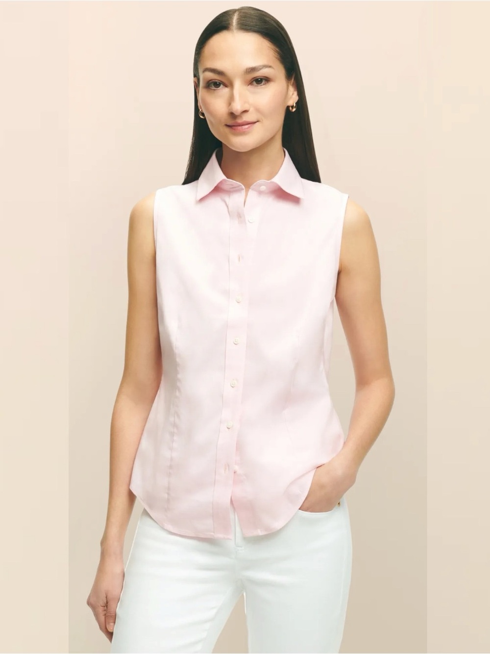 Brooks Brothers Fitted Non Iron Stretch Cotton Sleeveless Dress Shirt 12 pink